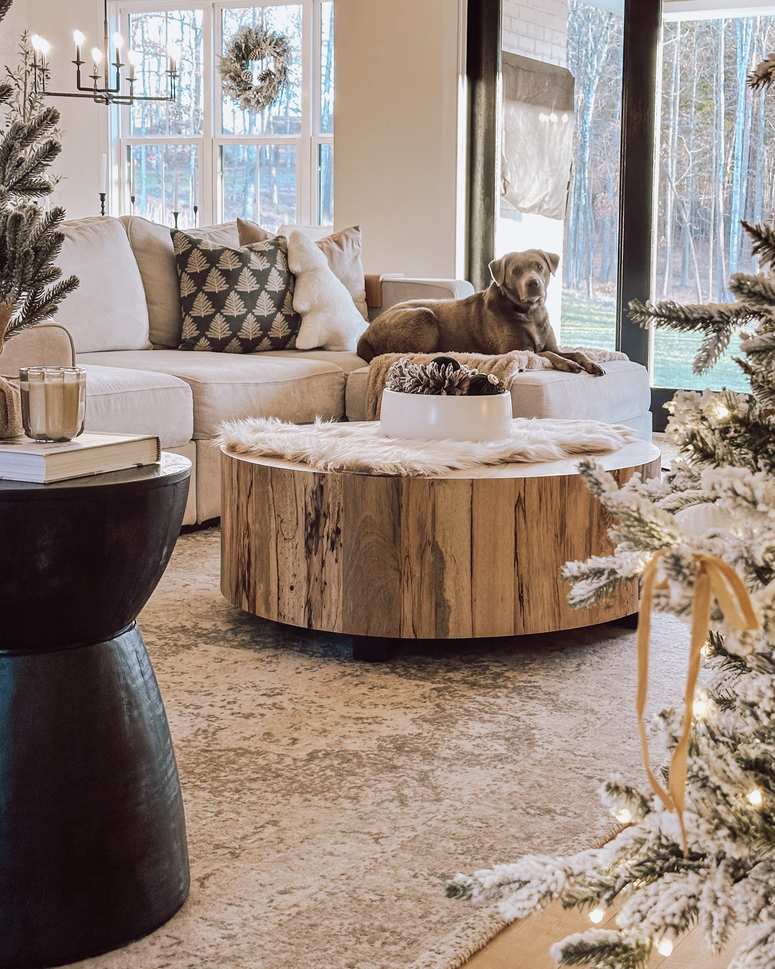 Holiday decor, living room, wood coffee table, black end table, holiday pillows, neutral Christmas  ornaments, black modern chandelier 

#LTKHoliday #LTKFindsUnder50 #LTKHome