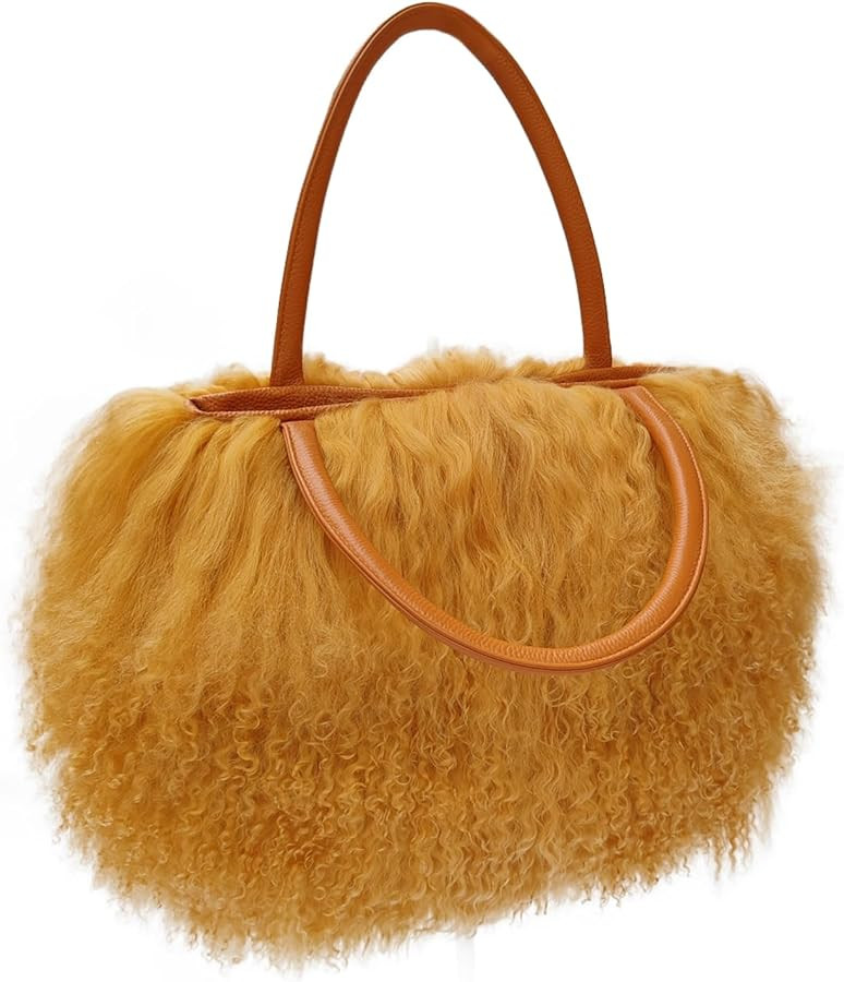 Women Luxury Real Lamb Mongolian Flush Wool Fur With Genuine Leather Handles Handbag | Amazon (US)