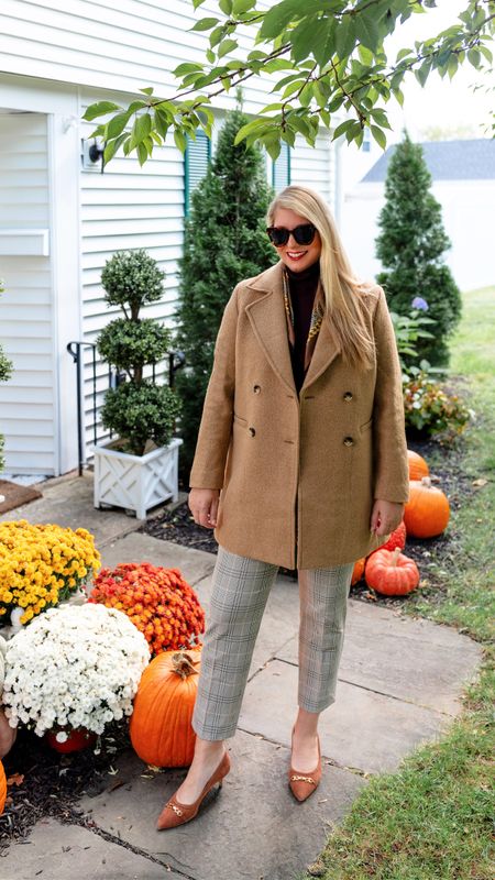 Boiled wool double breasted jacket I’m camel, silk scarf, perfect burgundy turtleneck, plaid ankle pants, suede camel kitten heels, fall outfit

#LTKover40 #LTKsalealert #LTKSeasonal