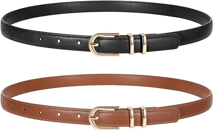 TRIWORKS 2 Pack Women Skinny Leather Belts for Jeans Pants Thin Faux Leather Belt with Gold Buckl... | Amazon (US)