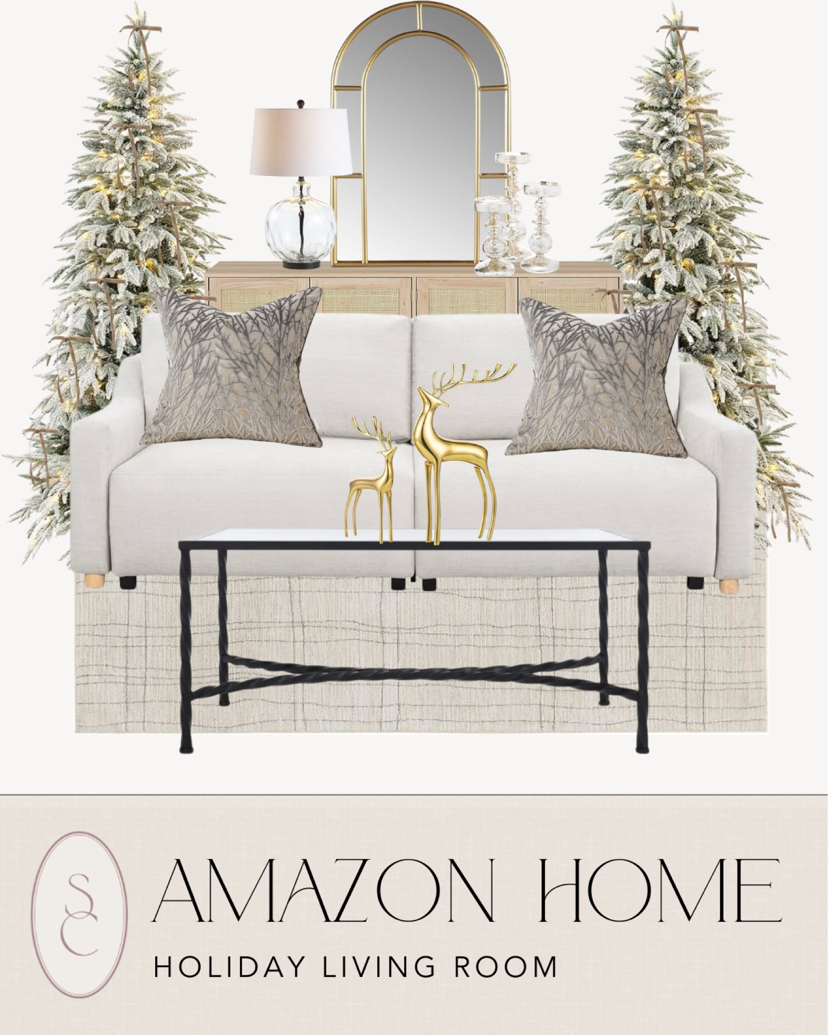 Amazon home holiday living room inspiration! Loving this couch, coffee table, throw pillows, faux Christmas trees, console table,  lamp, mirror, gold deer decor, candlestick holders, and area rug. 

Christmas tree, holiday decor, amazon holiday decor, living room decor, winter decor, Christmas decor, amazon home decor, Christmas tree decor, throw pillows, amazon 

#LTKSeasonal #LTKHome #LTKStyleTip