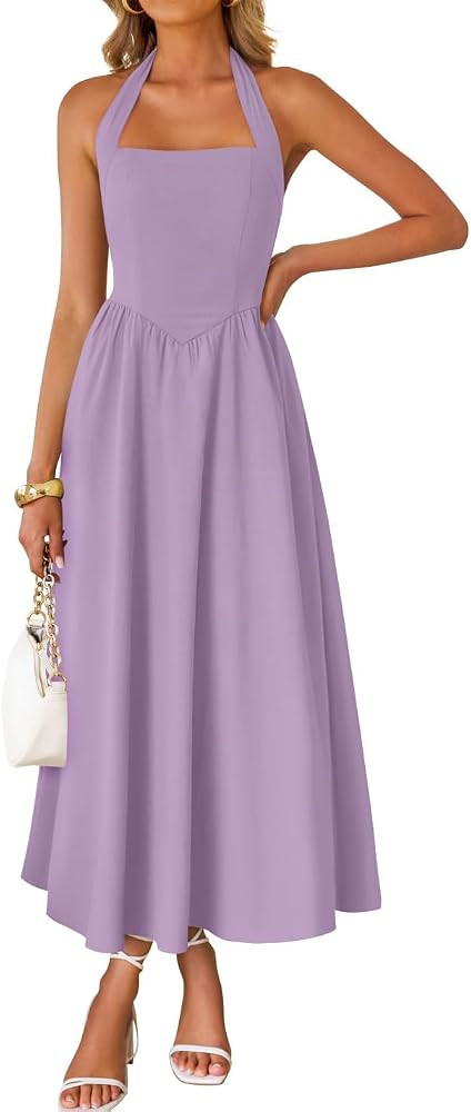 ZESICA Women's Summer Sleeveless Halter Midi Dress 2025 Off Shoulder High Waist Swing Flowy Beach... | Amazon (US)