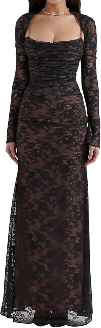 Women Vintage Cream Lace Maxi Dress Romantic Long Sleevees Lace Bodycon Dress | Amazon (US)