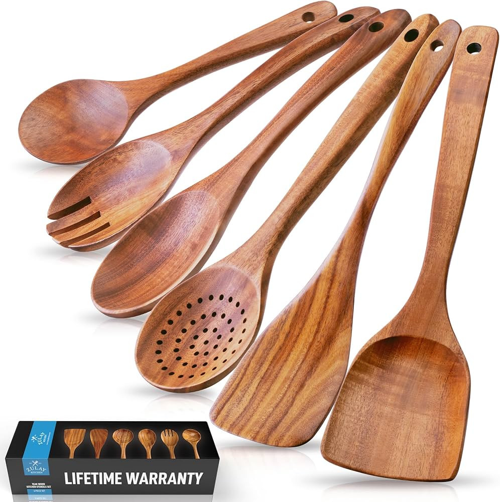 Zulay Kitchen 6-Piece Wooden Spoons for Cooking - Smooth Finish Teak Wooden Utensils for Cooking ... | Amazon (US)