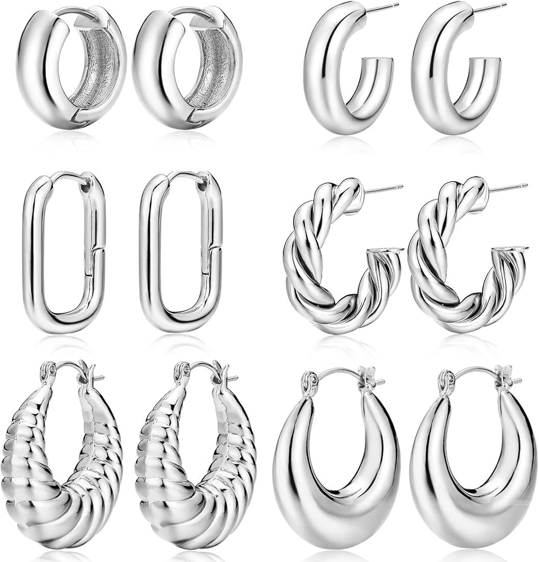 Gold Hoop Earrings for Women, Chunky Hoops Set Lightweight, 14K Gold Plated Thick Hoop Earrings Pack | Amazon (US)
