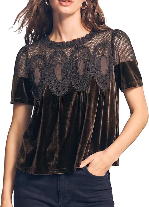 Women's Velvet Lace Blouse Short Sleeve Flowy Top | Amazon (US)