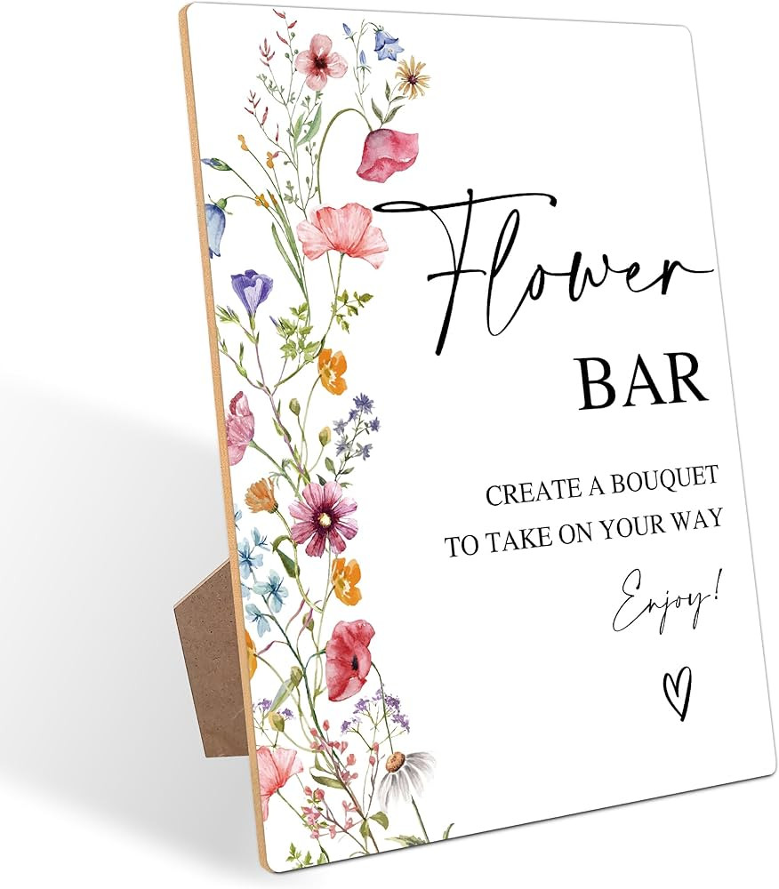 Flower Bar Sign, Boho Style Wooden Sign with Stand for Wedding Reception and Bridal Shower, Flora... | Amazon (US)