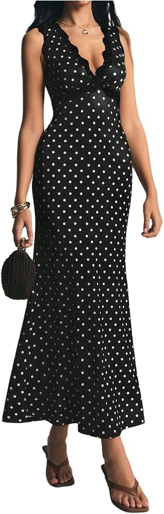 GORGLITTER Women's Lace Polka Dots Dress Low Back Wedding Guest Maxi Dress | Amazon (US)