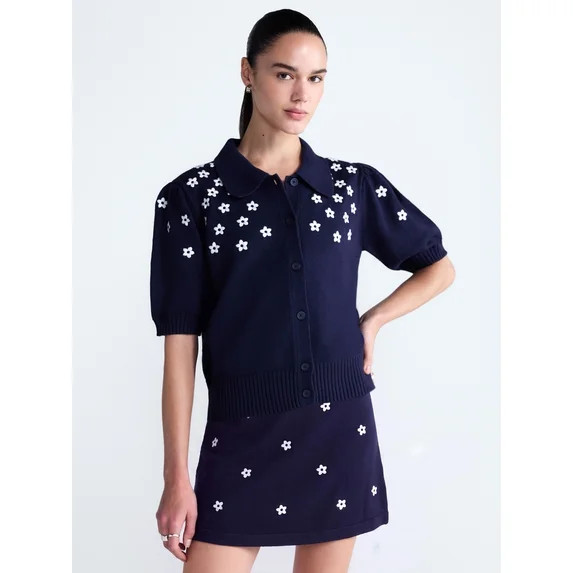 Free Assembly Women's and Women's Plus Embroidered Cardigan Sweater with Elbow Sleeves, Sizes XS-... | Walmart (US)