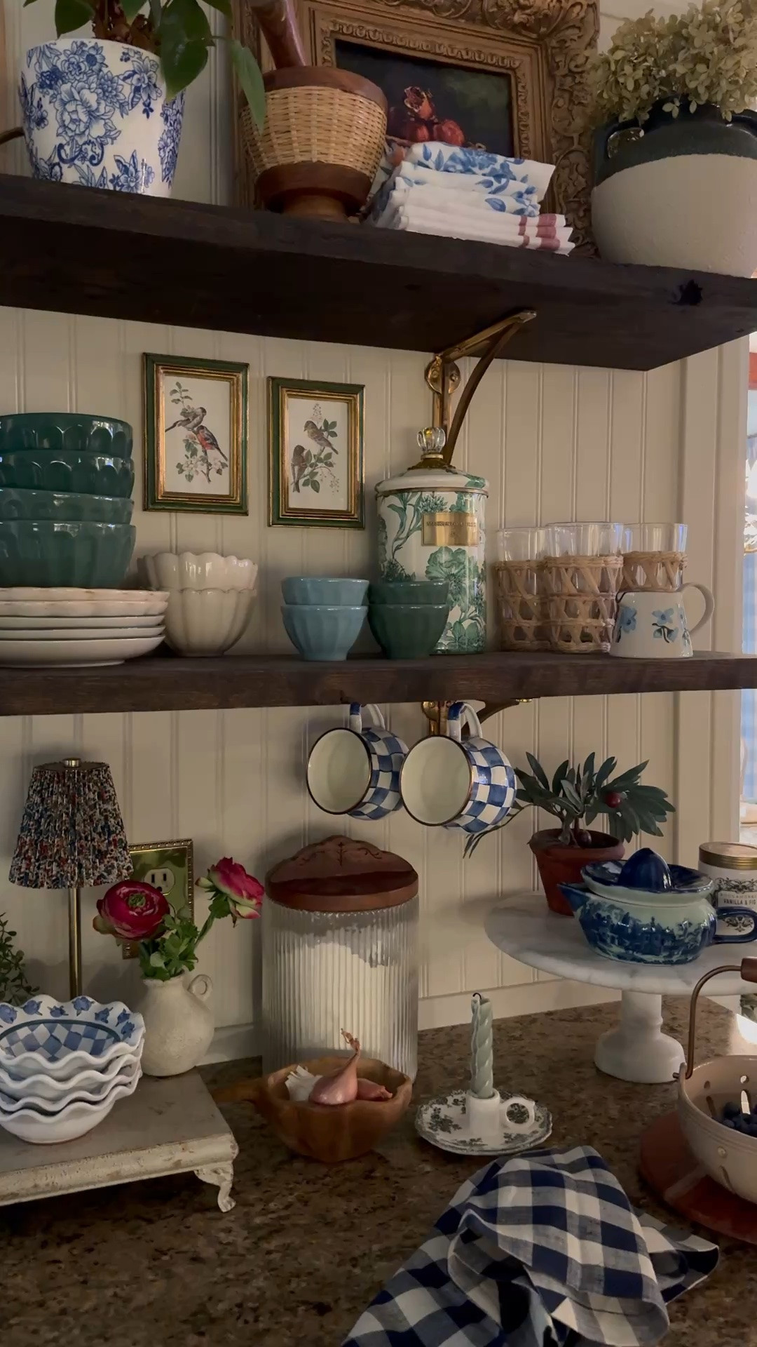 Brass shelf brackets, enamel floral canisters, Royal Check enamel mugs, glass flour canister with wood lid, bowls, scallop plates and bowls, dipping bowls, glassware, kitchen decor, brass electrical plate

#LTKSeasonal #LTKHome #LTKSaleAlert
