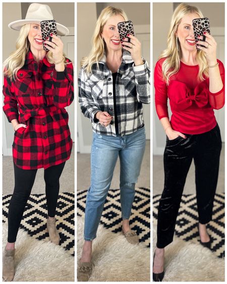 Daily try on, Walmart fashion, Walmart outfit, time and tru, holiday style, plaid shacket, plaid shirt jacket,Buffalo plaid, bow top, velvet pants 

#LTKstyletip #LTKunder50 #LTKHoliday