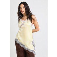 boohoo Women's Asymmetric Hem Lace Satin Cami Top in Lemon | Size: 2 | boohoo (US & Canada)