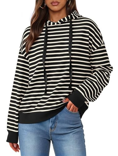 KIRUNDO Womens Hoodies Long Sleeve Striped Drawstring Sweatshirt Loose Fit Hooded Pullover Tops Fall Winter Clothing(Black, XX-Large) | Amazon (US)