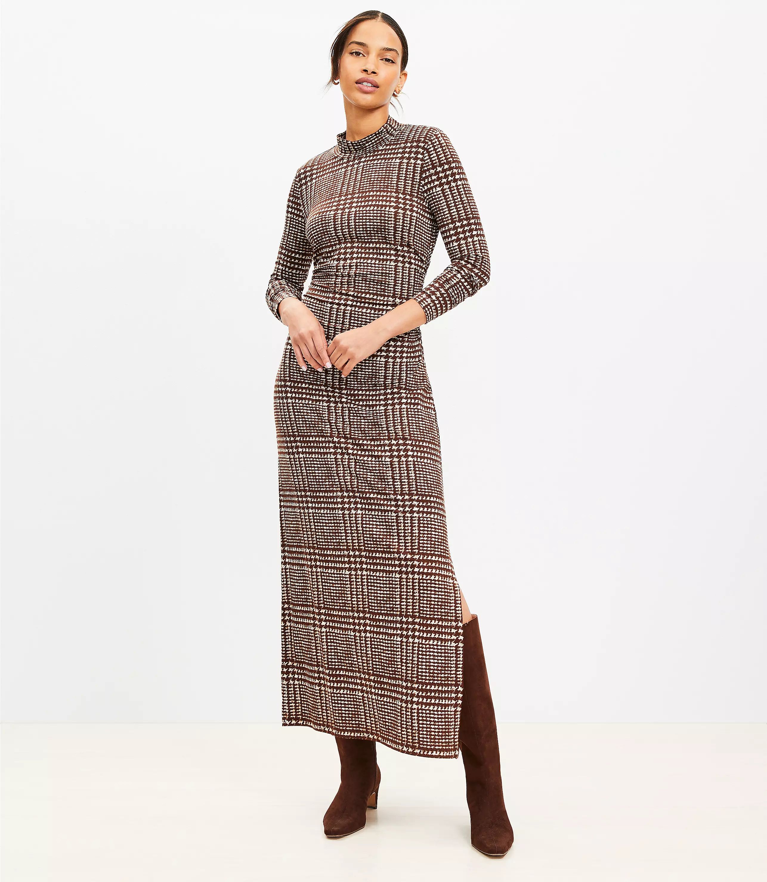 Houndstooth Mock Neck Midi Dress | LOFT