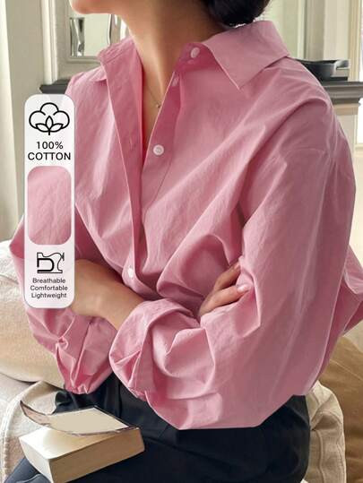 DAZY Women's Spring And Summer Solid Color Long-Sleeved Casual Loose Commuter Shirt Long Sleeve T... | SHEIN