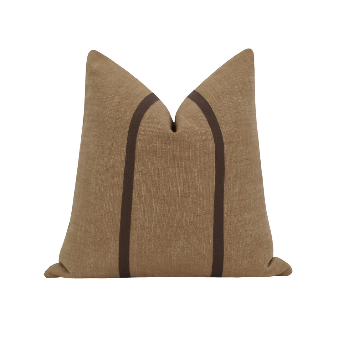 Saddle Linen Jacquard Decorative Pillow Cover With Brown Tape Trim • Warm Textured Pillow for M... | Etsy (US)