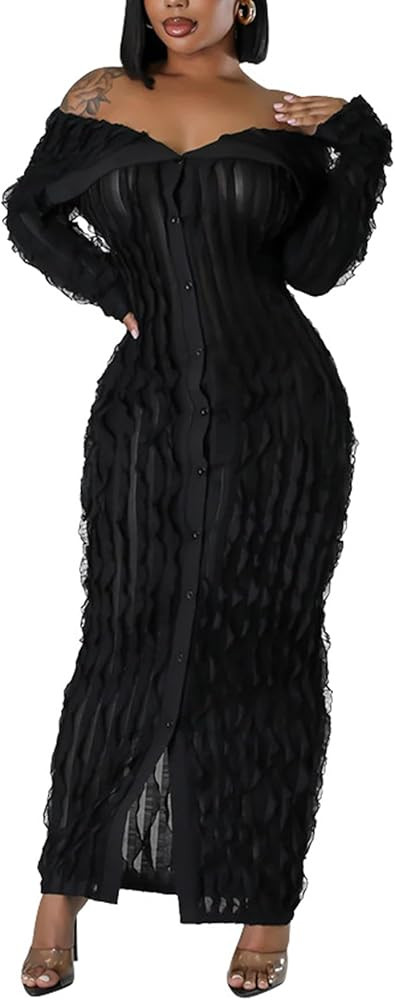 LETSVDO Women's Maxi Off Shoulder Dress Long Sleeve Button Down Ruffle Mesh Bodycon Sexy Dresses ... | Amazon (US)