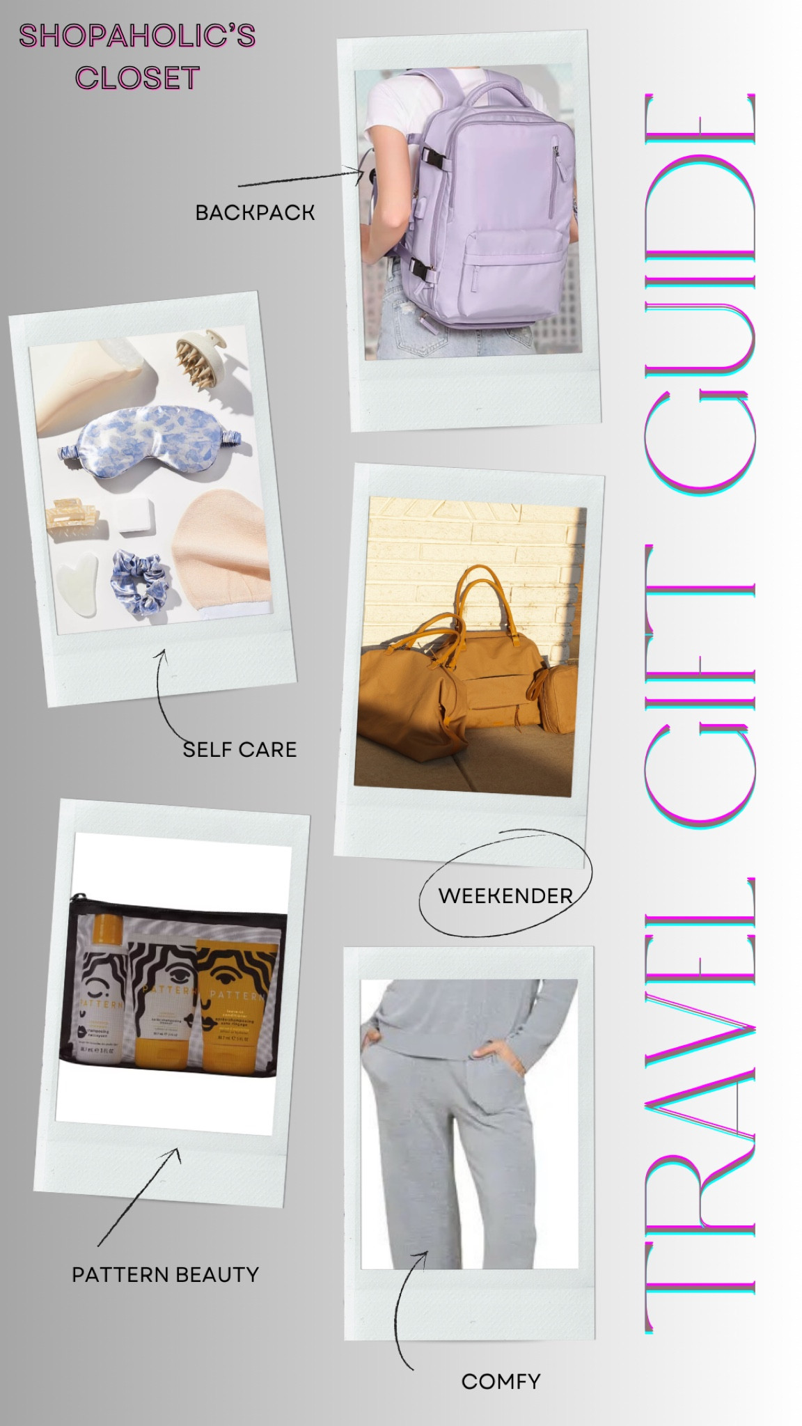 I heard it’s Travel Tuesday.

I’m not doing a ton of travel this season but when I do travel I try to pack light. I’m sharing somethings a travel lover on your list might like.

1. I tend to not like backpacks except when I’m traveling they leave hands available for corralling two little humans. This one at Amazon is in my closet and fit clothes, shoes for three days plus my laptop.

2. If I don’t carry a backpack, it’s a weekender. This one is at ABLE. All their bags rock.

3. I have to be comfy so a lounge set is a must.

4. My hair! This travel set from Pattern is fantastic. One of these is how I got introduced to the products in the first place.

5. Self-care is important because travel is stressful. Taking an eye mask so you can rest during the journey is a good idea.

#shopdeescloset #shopaholicscloset

#LTKTravel #LTKItBag #LTKGiftGuide