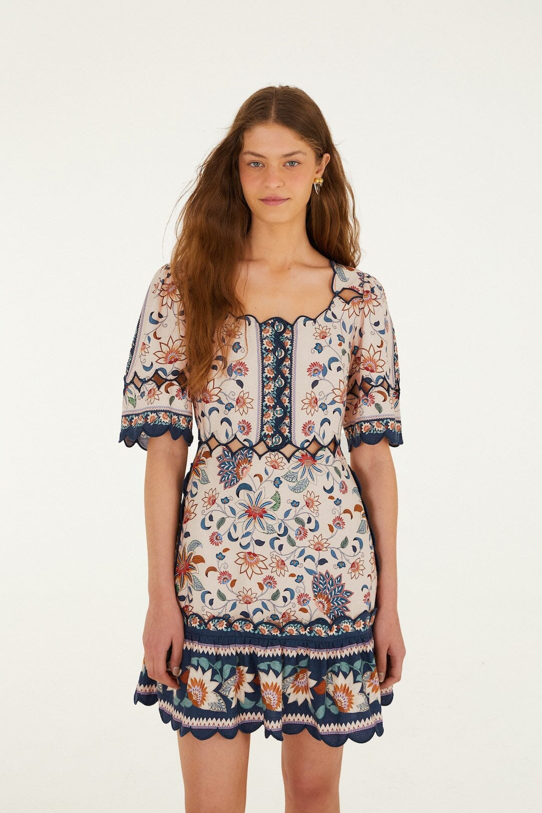 Pink Floral Delhi Tapestry Scallop Cut-Out Mini Dress | FARM Rio | FarmRio (US)