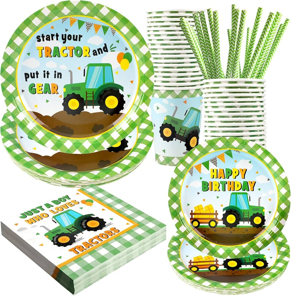 Tractor Party Supplies Decorations, Disposable Kids Birthday Paper Plates and Napkins Set with Cu... | Amazon (US)