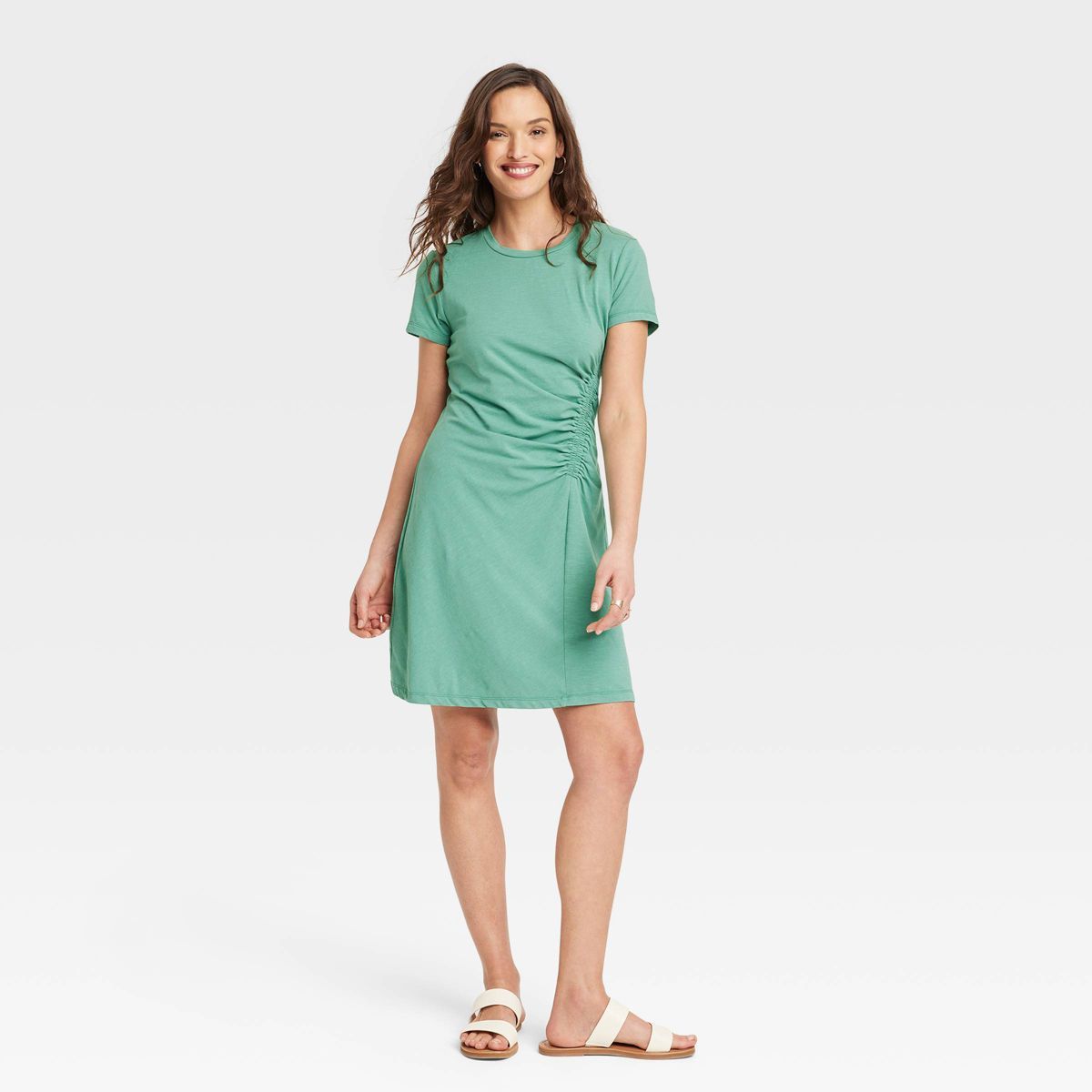 Women's Short Sleeve Ruched Knit Mini T-Shirt Dress - Universal Thread™ Green S | Target