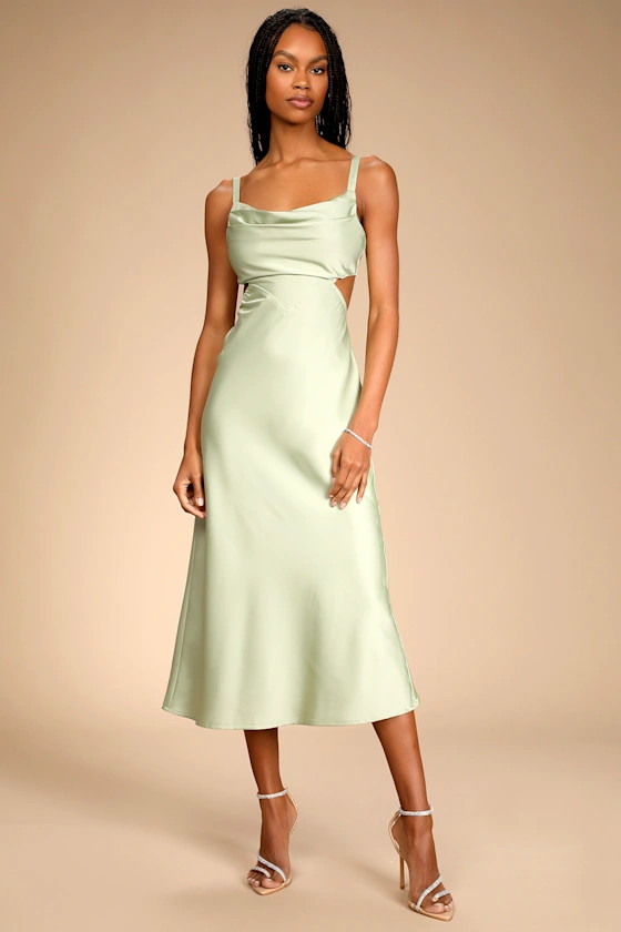 Stun to Remember Sage Green Satin Cowl Neck Cutout Midi Dress | Lulus (US)