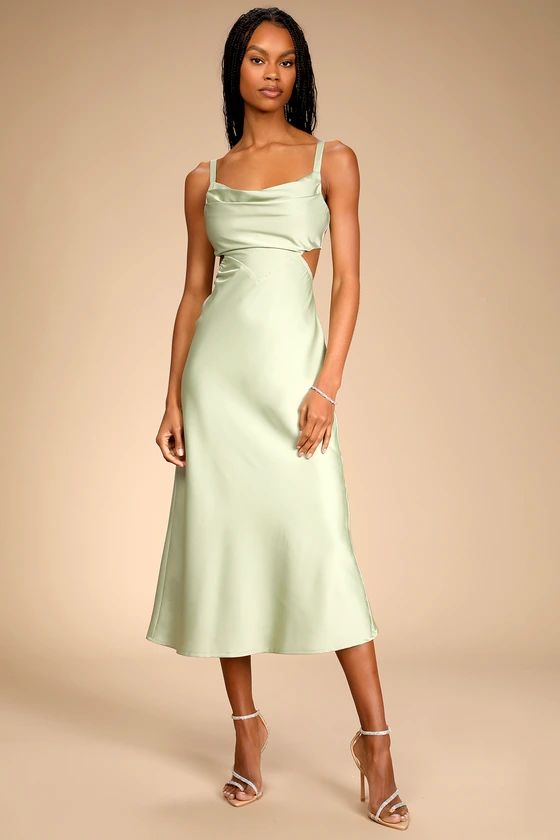 Stun to Remember Sage Green Satin Cowl Neck Cutout Midi Dress | Lulus (US)