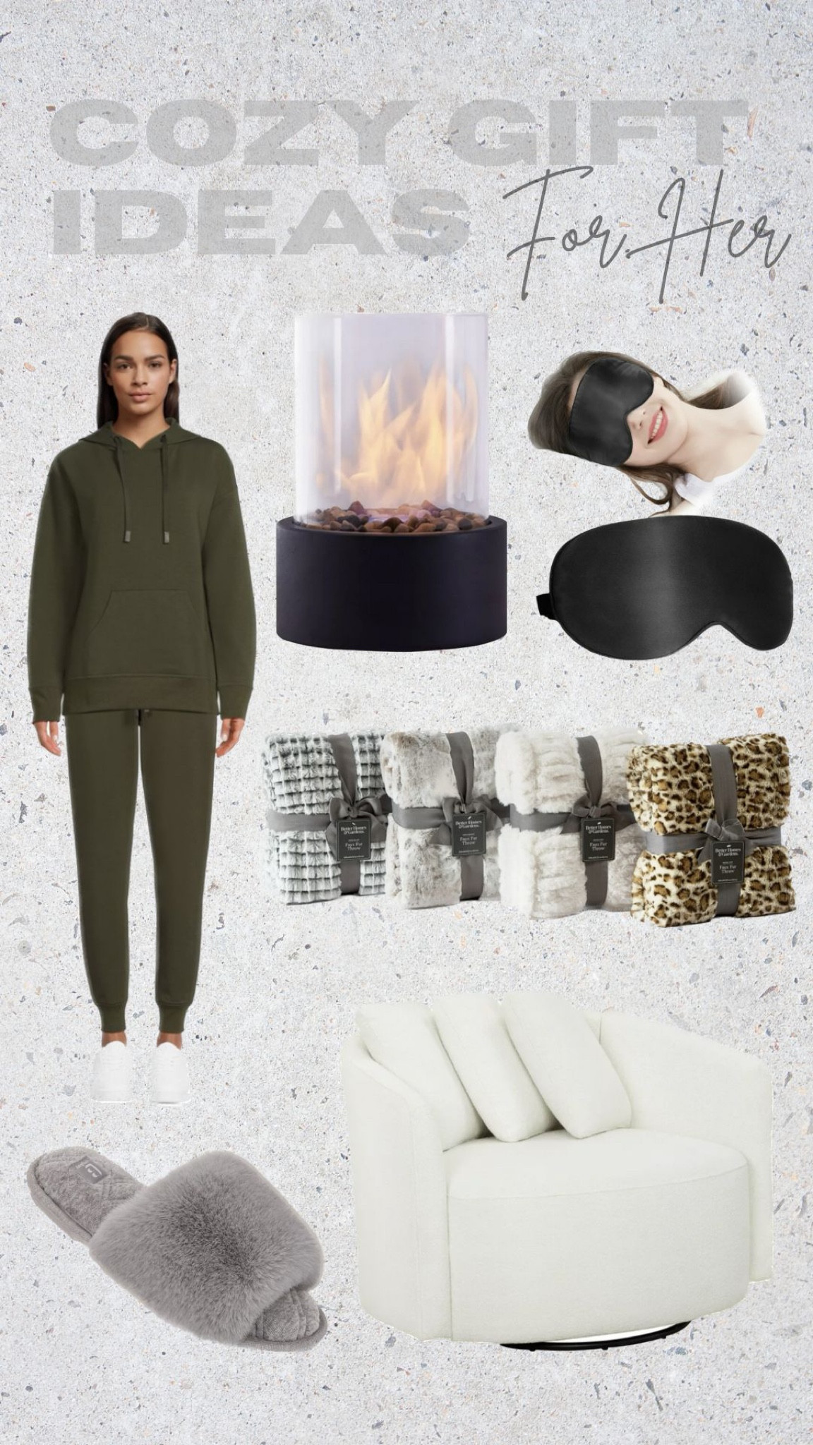 Cozy gift ideas for her for any budget! I actually just ordered the comfy lounge outfit for myself after I tried it on in a different color in store. The material is super soft!!! (Size down if you like a more fitted look. I order XS for both pants and hoodies, but usually wear S. )

Gift guide, gift ideas for her, cozy gifts, lounge set, portable fire pit, eye mask, blankets, throw blankets, cozy chair, cozy slippers, Christmas gift ideas

#LTKGiftGuide #LTKHoliday