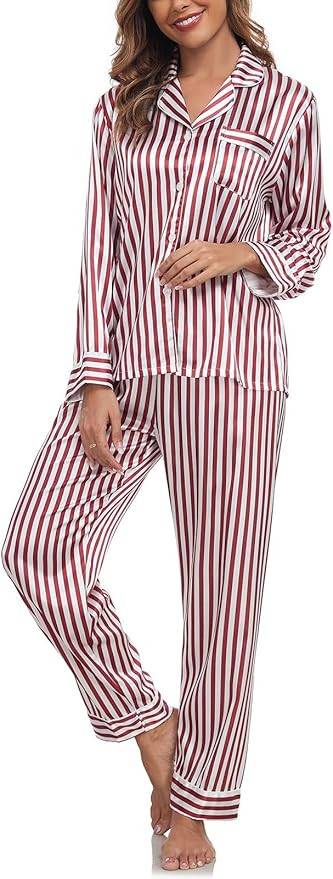 BestWendding Womens Satin Pajama Set Soft Long Sleeve Button Down Sleepwear 2 Piece Striped Loung... | Amazon (US)