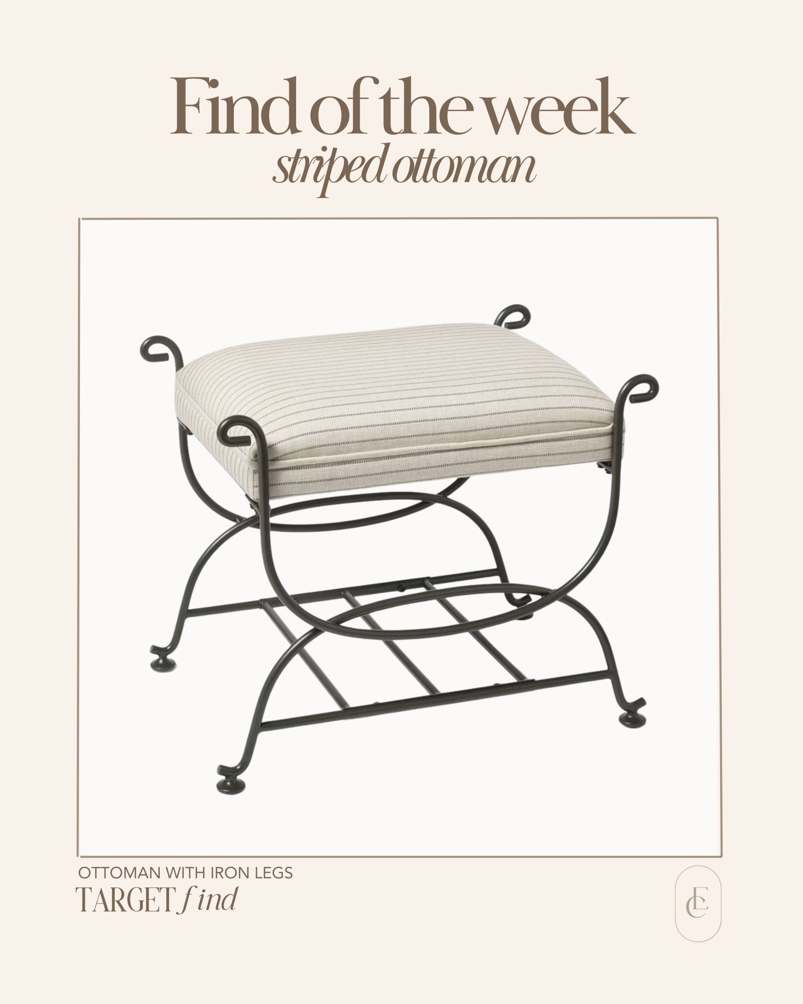 Find of the week 🤍
This striped ottoman is such a good one—classic pattern, soft neutral tones, and those iron legs add just the right amount of contrast. Perfect at the foot of a bed, tucked under a console, or styled as extra seating when you need it. 🤎

#LTKHome