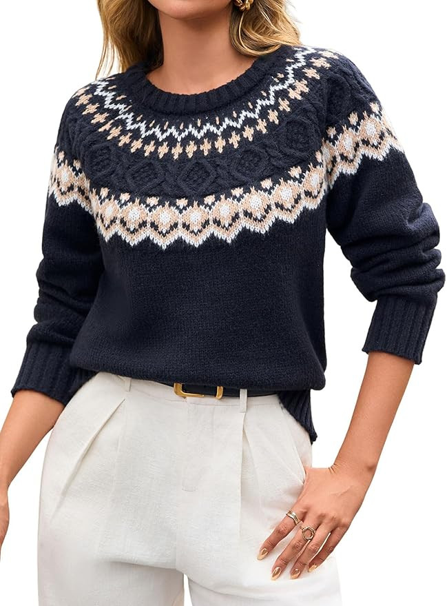 Womens Cropped Sweater Trendy 2025 Long Sleeve Crewneck Fair Isle Sweaters Chunky Knit Pullover T... | Amazon (US)