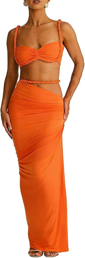 Women 2 Piece Maxi Skirt Set Braided Crop Top Cutout Long Skirts Sets | Amazon (US)