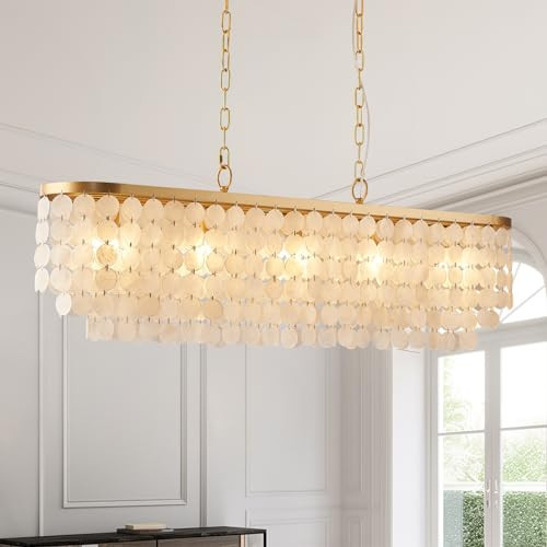 HLMRCHEN 5 Light Capiz Shell Chandelier Rectangular Coastal Chandeliers for Dining Room,Gold Light Fixtures Over Table Kitchen Island Lighting Fixtures Ceiling Hanging Mount(42" Large Pendant Lights) | Amazon (US)