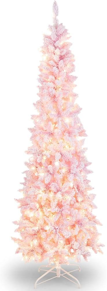 Amazon.com: Goplus 7ft Pink Pre-Lit Pencil Christmas Tree, Snow Flocked Artificial Slim Tree with... | Amazon (US)