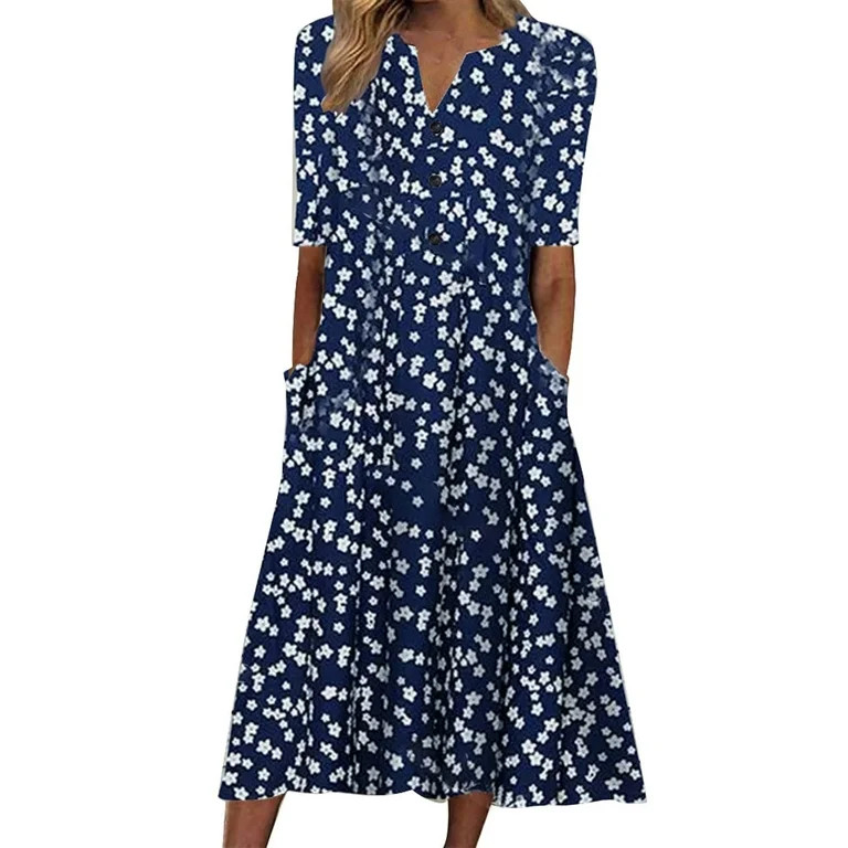 Pntutb Dress for Women Casual Round Neck Print Summer Short Sleeve Dresses Pockets | Walmart (US)