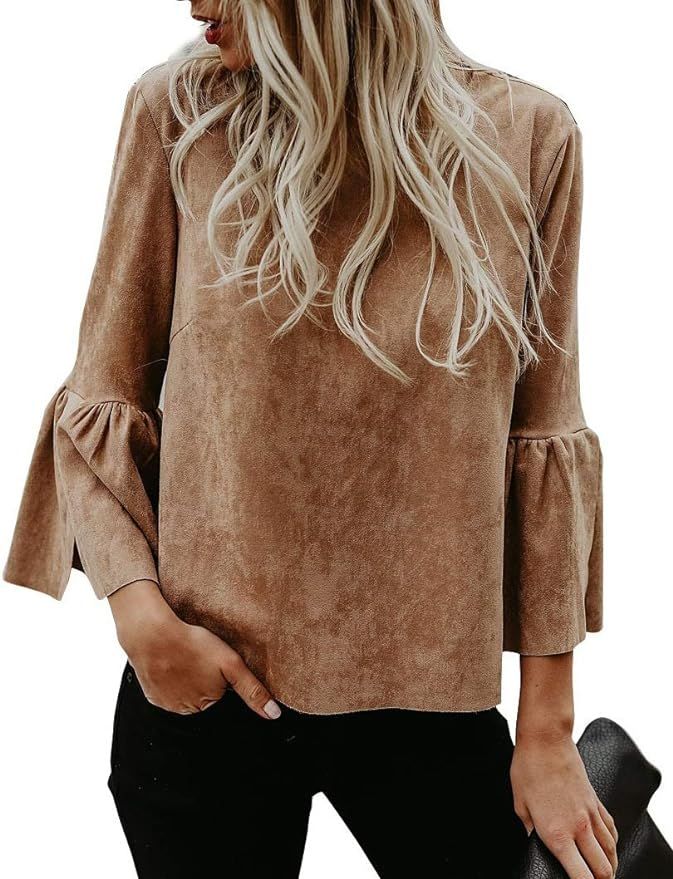 Valphsio Womens Casual Bell Sleeve Tops Faux Suede Crew Neck Flare Party Blouse Shirt | Amazon (US)
