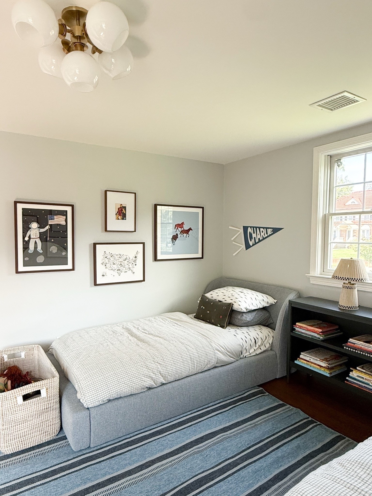 This boys’ room feels playful without feeling too young, which is exactly what I wanted. The gallery wall, personalized pennant, striped rug, and classic upholstered bed bring in plenty of personality while still giving him a space that can grow with him.

boys bedroom decor, boys room inspiration, kids bedroom ideas, shared boys room, gallery wall ideas, personalized kids decor, striped area rug, upholstered bed, kids room storage, playful bedroom design, timeless kids room, girlonthehudson