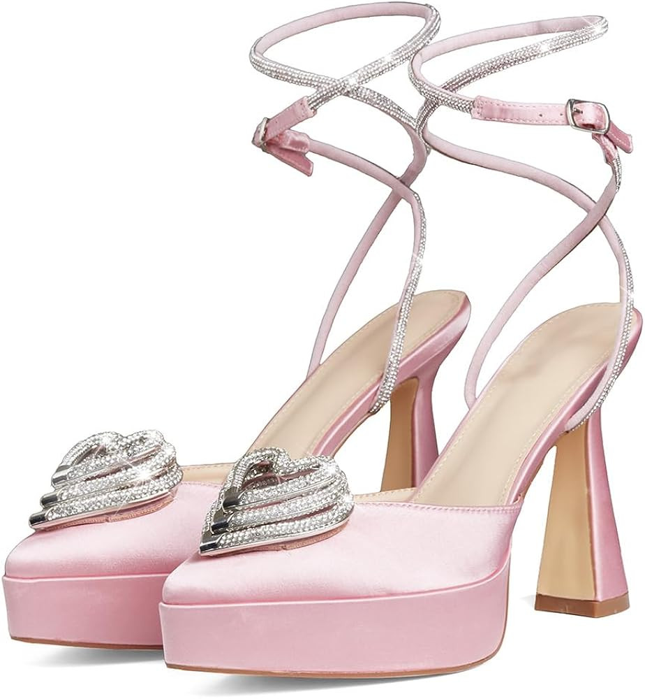 Ancomafio Rhinestone Heels For Women Stiletto Heel Three Heart Clear Heels Strappy Sandals Pointe... | Amazon (US)