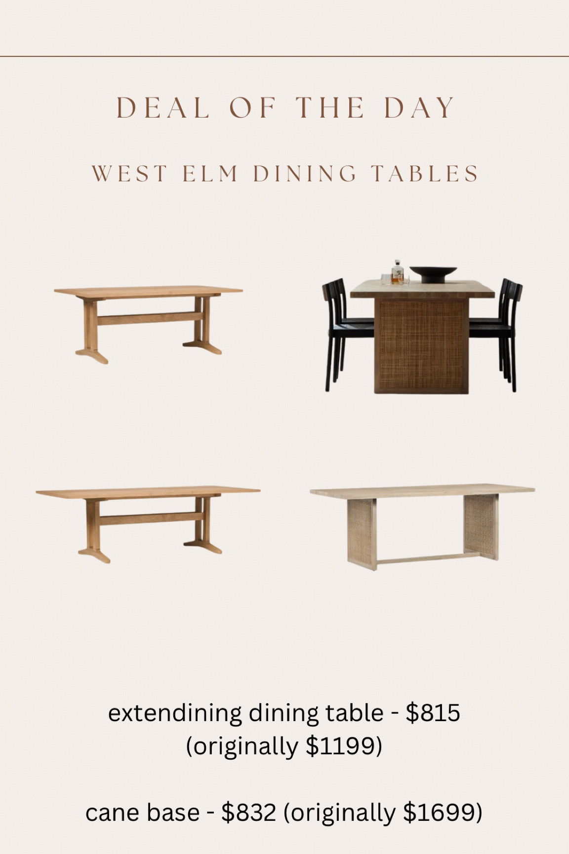 Two gorgeous west elm dining tables extra 15% off with code “extra15” right now!!

Extending dining table (60”-80”) $815. Originally $1199

Cane base $835. Originally $1699

#LTKhome #LTKsalealert