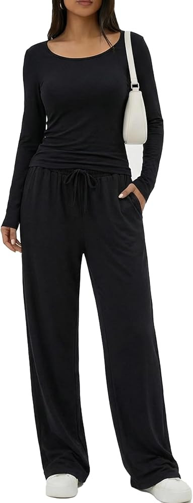 Women's 2 Piece Lounge Set Wide Leg Pants Matching Outfits with Pockets Travel Airport Loungewear... | Amazon (US)