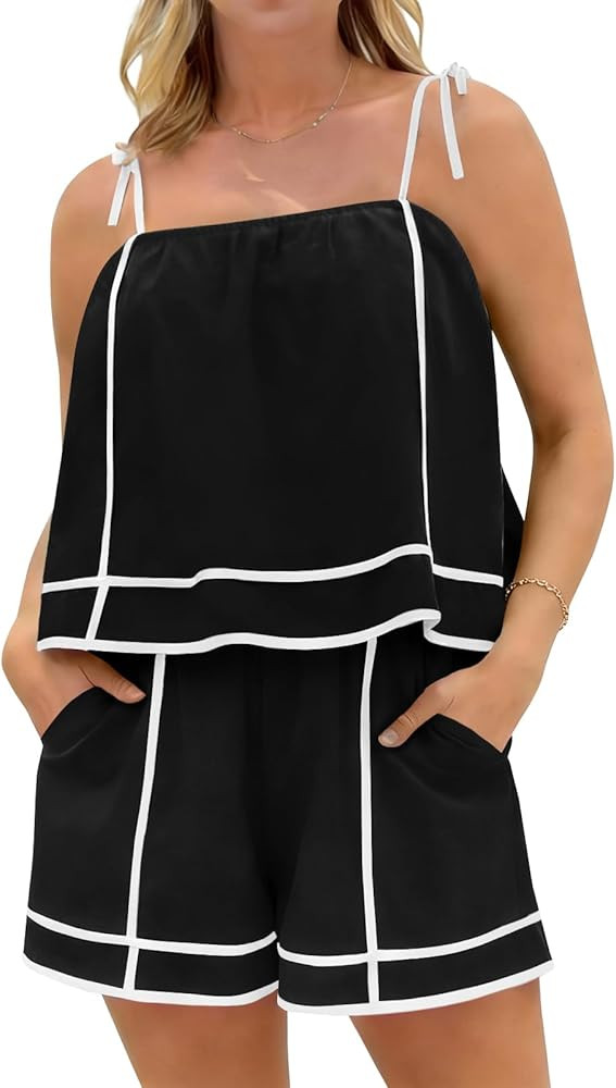 Yousify Women 2 Piece Lounge Sets Summer Casual Tie Strap Vacation Top Shorts Set with Pockets | Amazon (US)