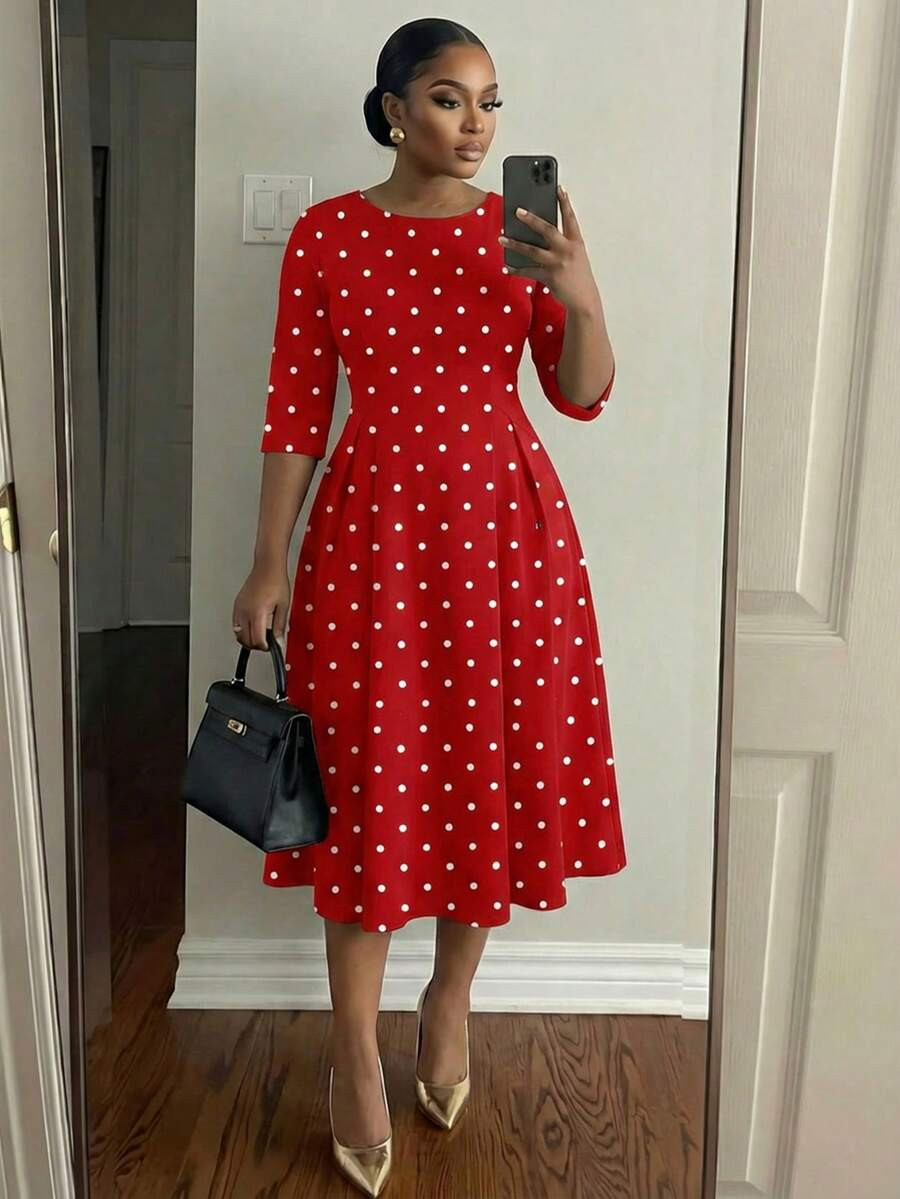 SHEIN Lady Plus Size Elegant Party Polka Dot Print Dress Red Polka Dot Dress Red Polka Dot Dress ... | SHEIN
