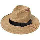 Lanzom Women Wide Brim Straw Panama Roll up Hat Fedora Beach Sun Hat UPF50+ (Z-Bowknot Brown) | Amazon (US)