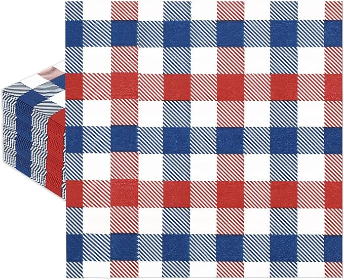 Whaline 80 Pack Patriotic Napkins 6.5 x 6.5 Inch Buffalo Plaid Paper Napkins Red Blue White 4th o... | Amazon (US)