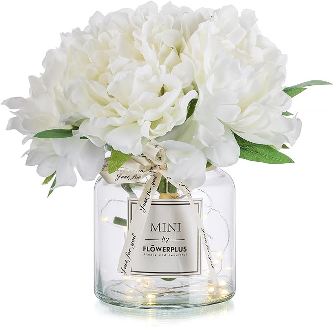 BLOSMON White Fake Flowers with Vase Small Coffee Table Decor Bathroom Peony Faux Flowers in Vase... | Amazon (US)