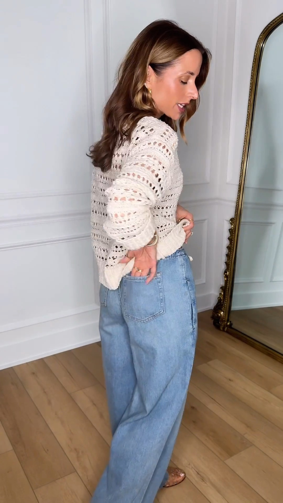 Mom outfit. Casual outfit. Travel outfit. New pull-on style wide leg baggy jeans at Target in XXS. Runs big and a little long - consider sizing down. Denim is so soft! XS in open-stitch cardigan. Jelly ballet flats are whole sizes only - I’m a 6.5 and sized down to a 6 per reviews.

#LTKootd #LTKPetite #LTKTravel