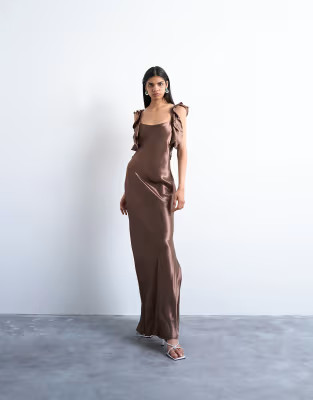 Ruffle shoulder satin slip dress in chocolate | Topshop