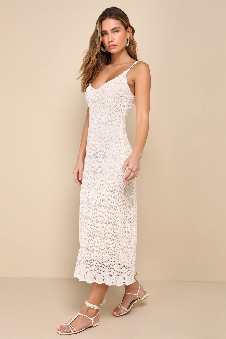 Sunset Vibes Light Beige Crochet Sleeveless Midi Dress | Lulus