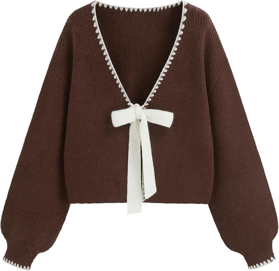 CIDER Tie Front Bow Women Cardigan Cropped Knit Bolero with Contrast Trim | Amazon (US)