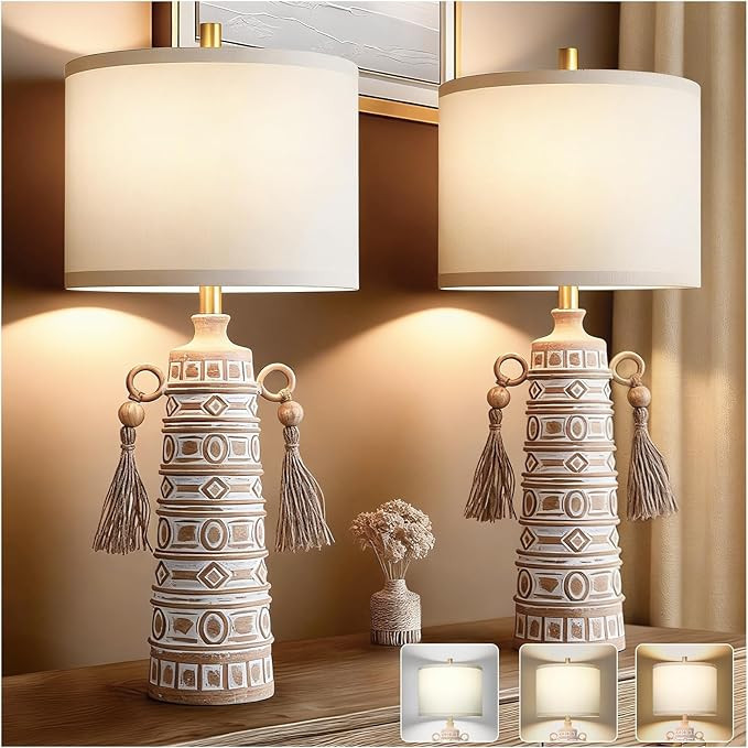 30”H Tall Boho Table Lamp Set of 2 for Bedroom Living Room, Handmade Tassels Antique Bedside La... | Amazon (US)